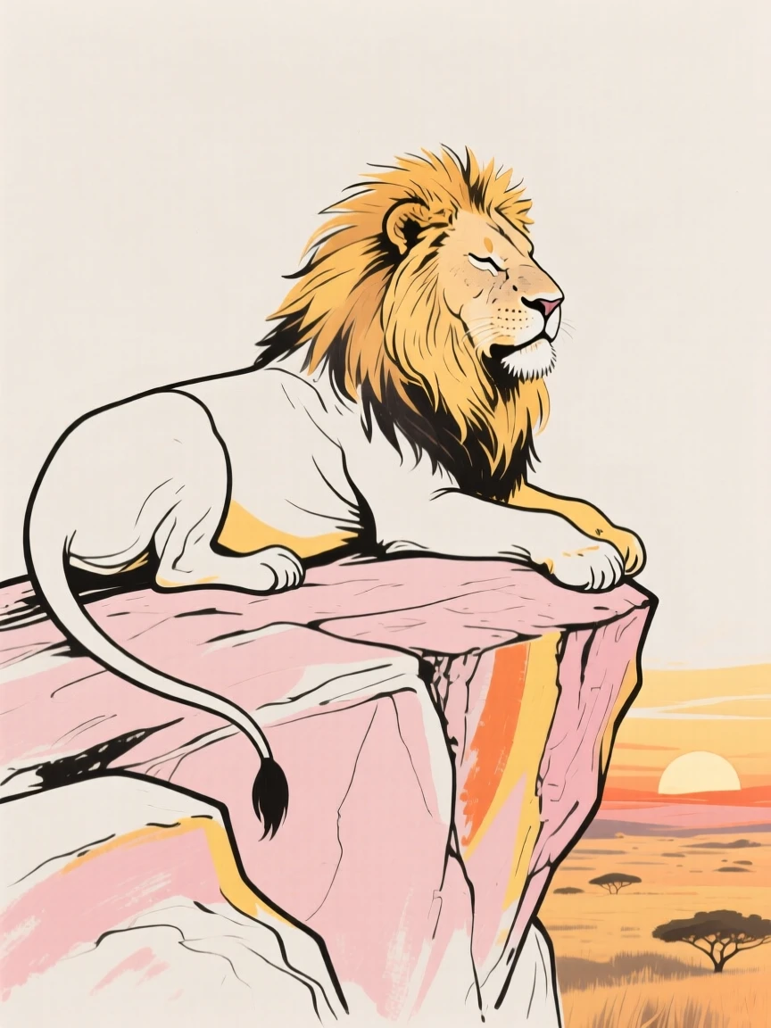 A majestic lion resting on a rocky outcrop overlooking the savanna at sunset.