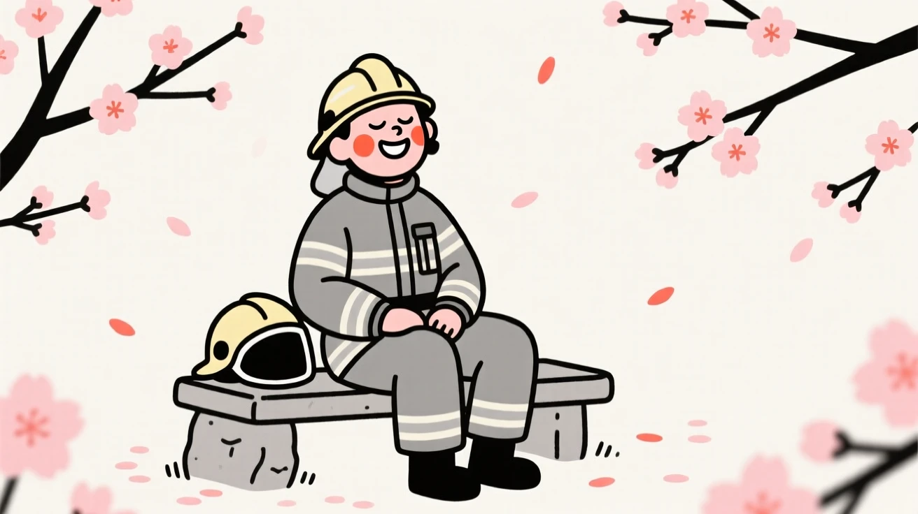A firefighter resting after a shift, laughing joyfully, in a blooming cherry blossom garden.