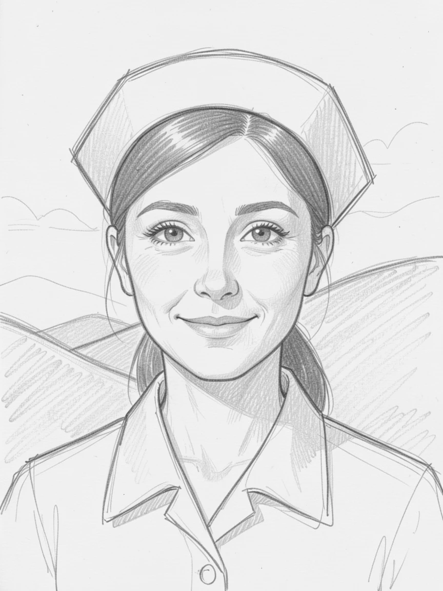 Intimate close-up of a kind-eyed nurse against a backdrop of rolling hills, with a faint, knowing smile.