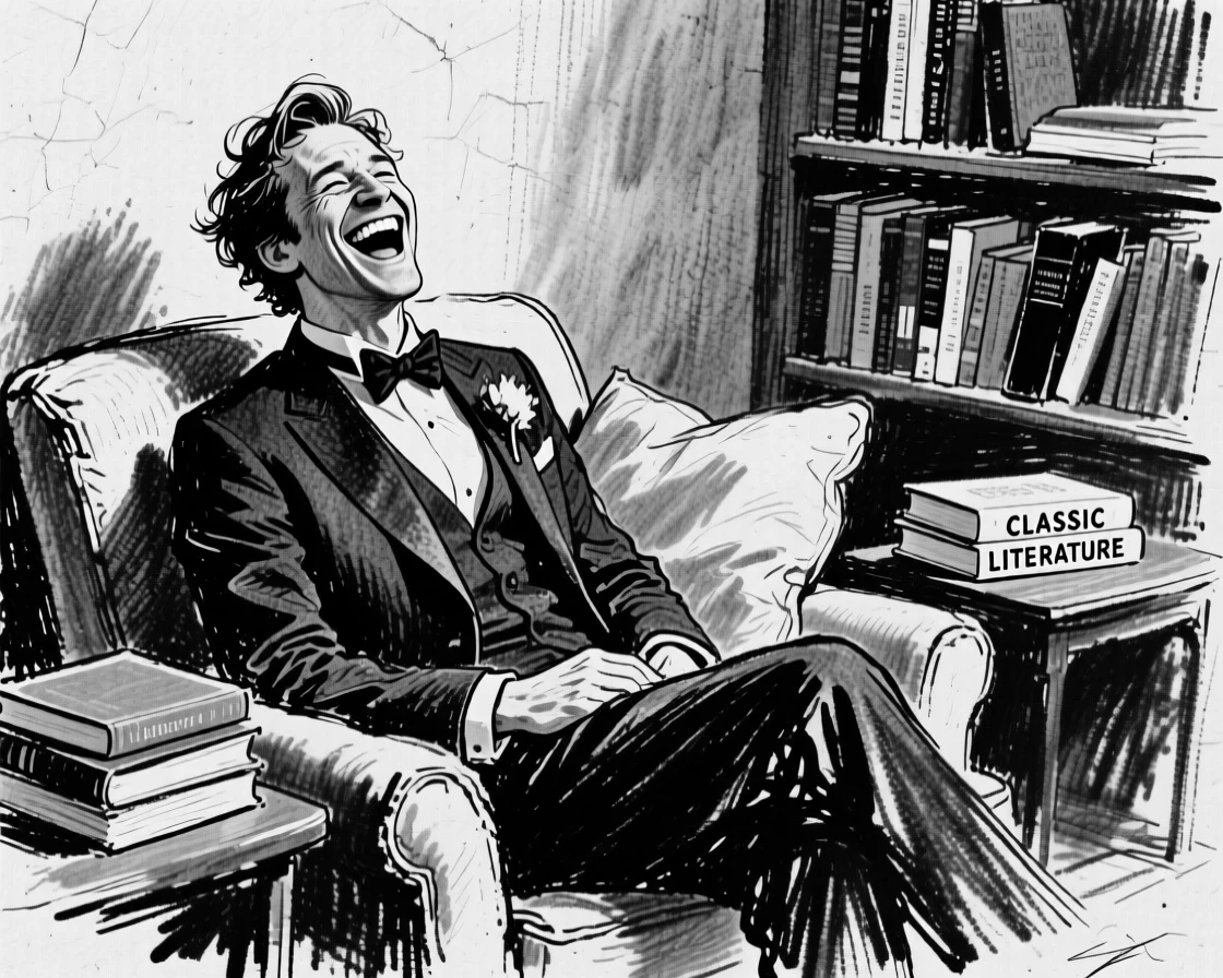 A groom laughing with pure joy, eyes crinkled with happiness, in a cozy reading nook.