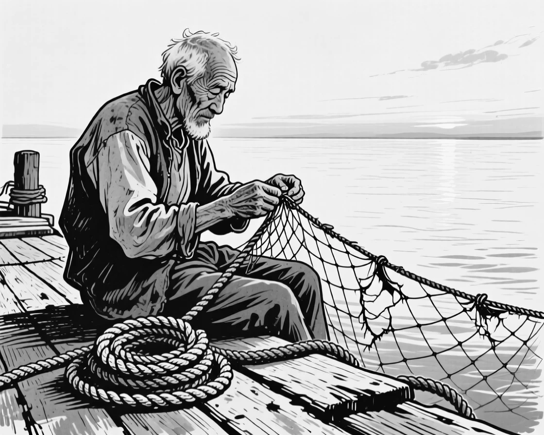 An elderly fisherman mending a torn net on a weathered wooden dock at dawn, coils of rope beside him, calm water stretching to the horizon.