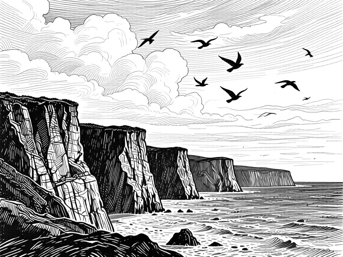 A row of ancient sea cliffs beneath a sky filled with drifting clouds, with birds circling lazily overhead, evoking a windswept and dramatic atmosphere in a wide, balanced composition.