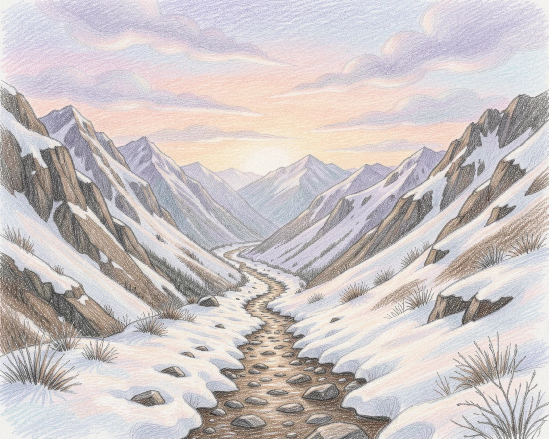 A winding mountain trail dusted with the first snow of the season, with soft clouds drifting across a pastel-colored sky, evoking a deep sense of peace and quiet wonder.