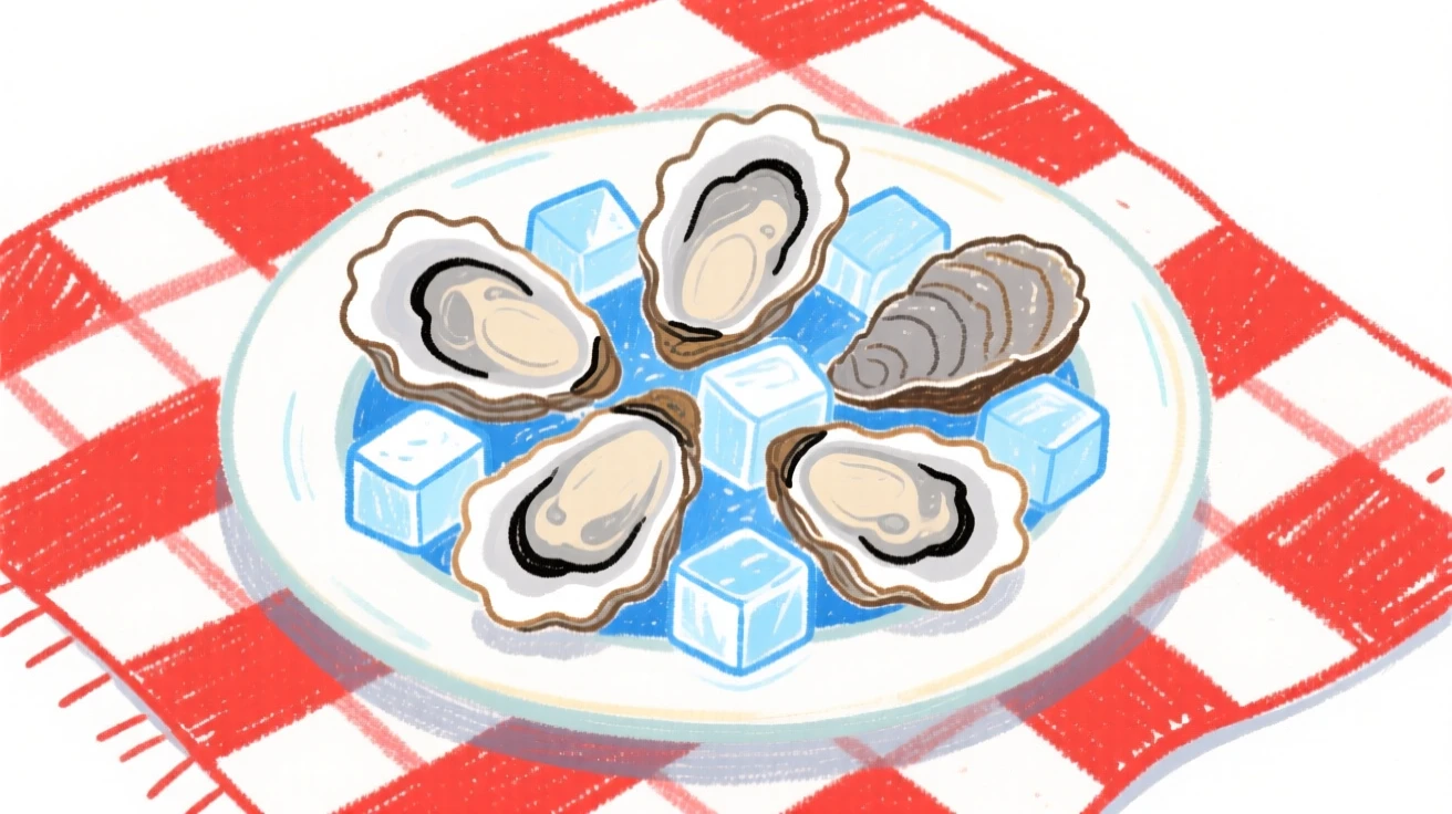 A plate of fresh oysters on ice resting on a checkered picnic blanket.
