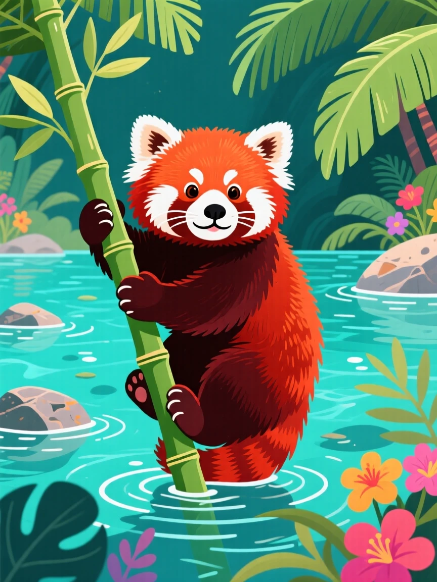 A fluffy red panda gripping a bamboo stem with both paws, set within a crystal clear tropical lagoon, centered in the frame with gentle negative space around it, with vivid, richly saturated colors that pop.