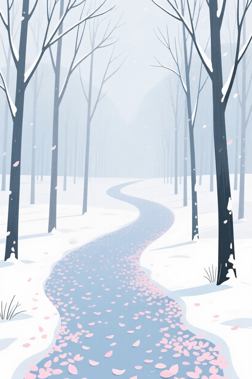 A peaceful winter forest path covered in fallen petals, leading into the distance.