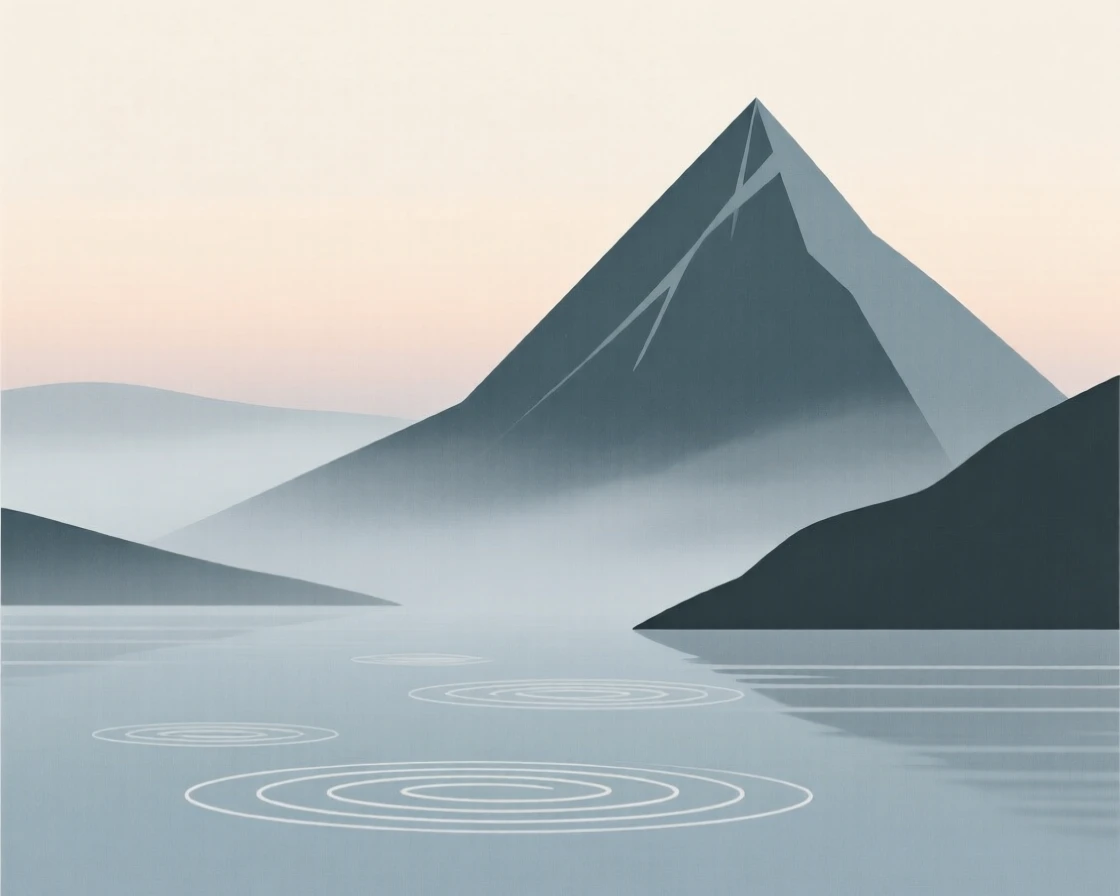 A misty valley at dawn, quiet and still, cradles a mountain peak resting beside ripples spreading across still water, capturing a feeling of raw natural power.