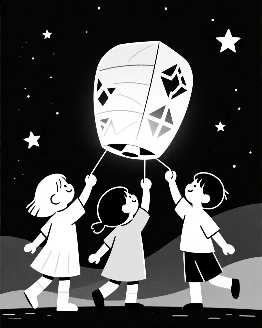 Children releasing paper lanterns into the night sky.