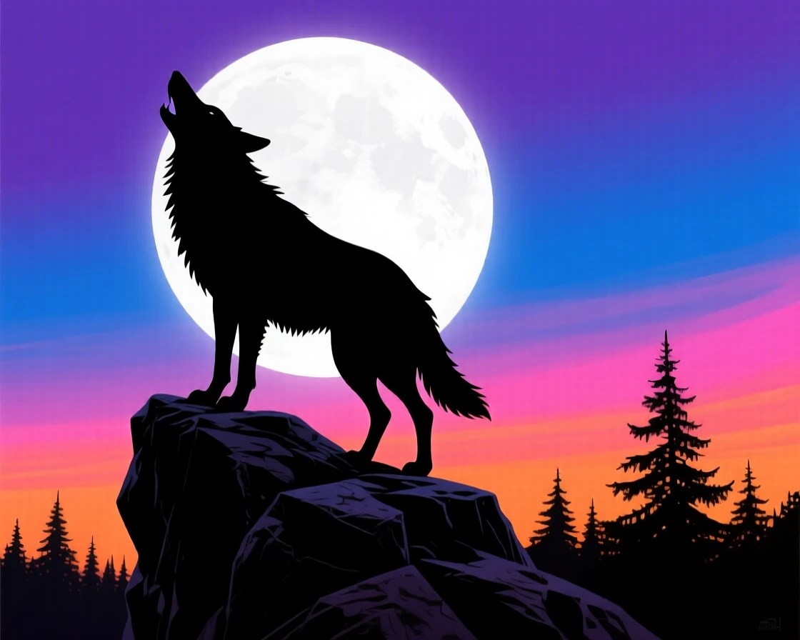 A wolf standing atop a rocky outcrop, head tilted back mid-howl, with a full moon rising directly behind it and a distant pine forest below.