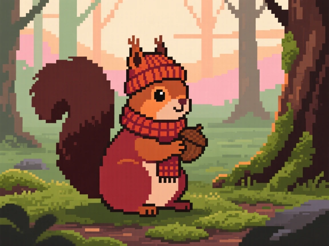 A squirrel with an acorn wearing a tiny knitted scarf and hat, in a mossy forest clearing at dawn.