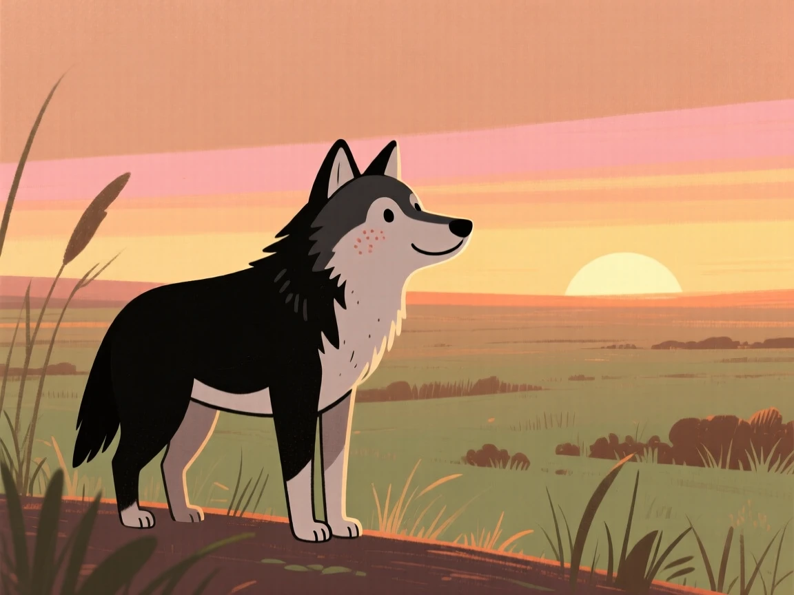 A wolf stands at the edge of a open prairie, watching alertly as the setting sun paints the sky in warm colors.