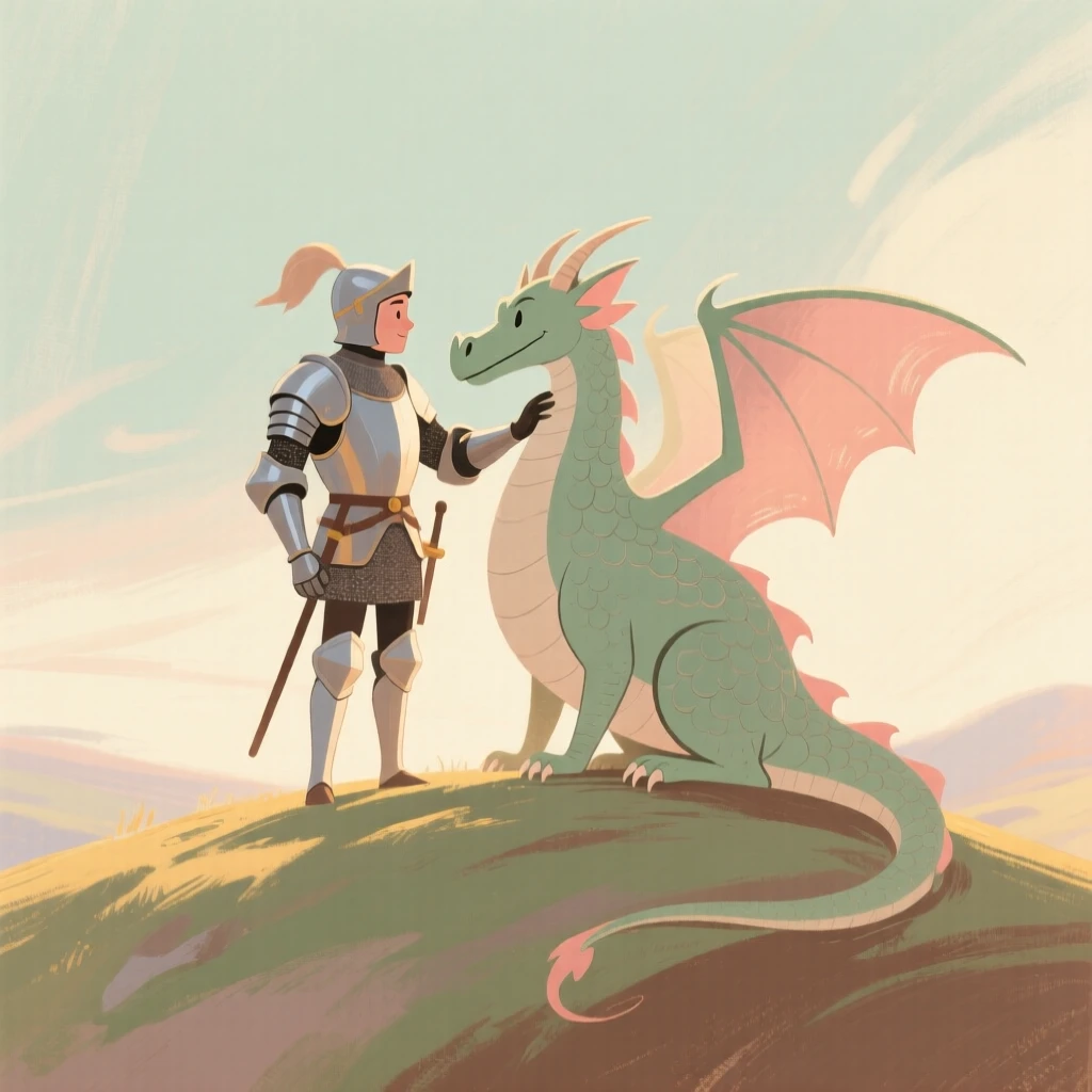A knight and a dragon sharing a peaceful moment atop a hill