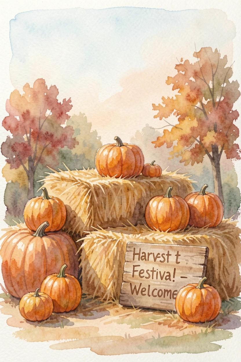 A harvest festival with hay bales and pumpkins.