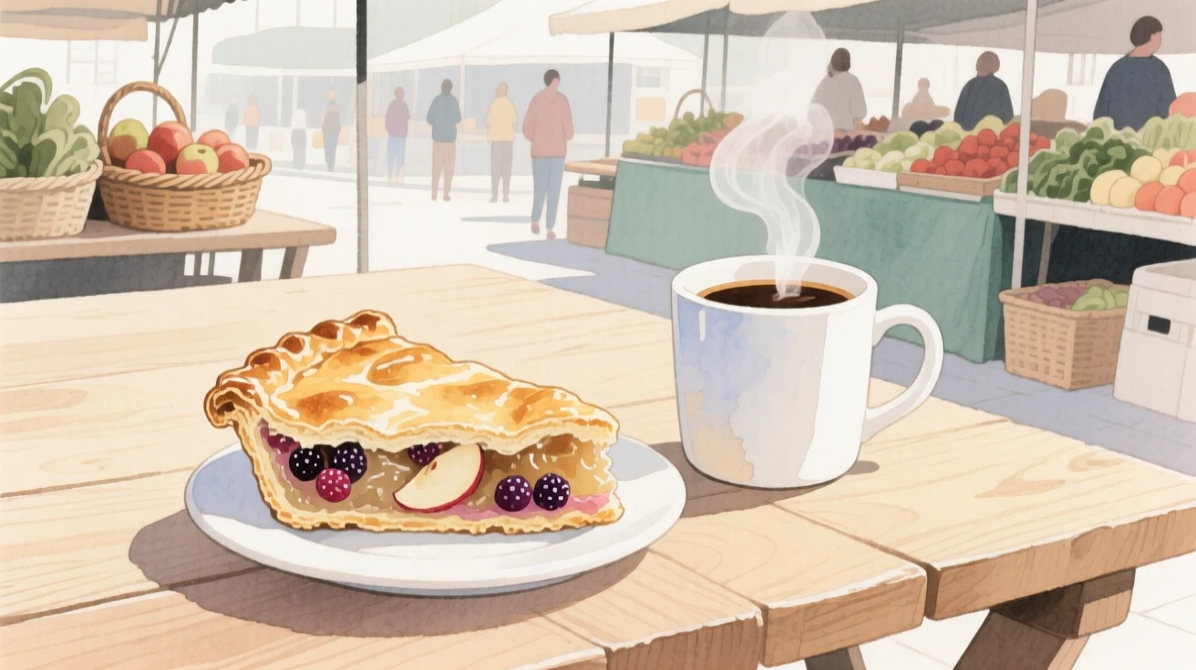 A slice of homemade pie sits next to a steaming cup of coffee at a bustling market stall, arranged beautifully for a delightful meal