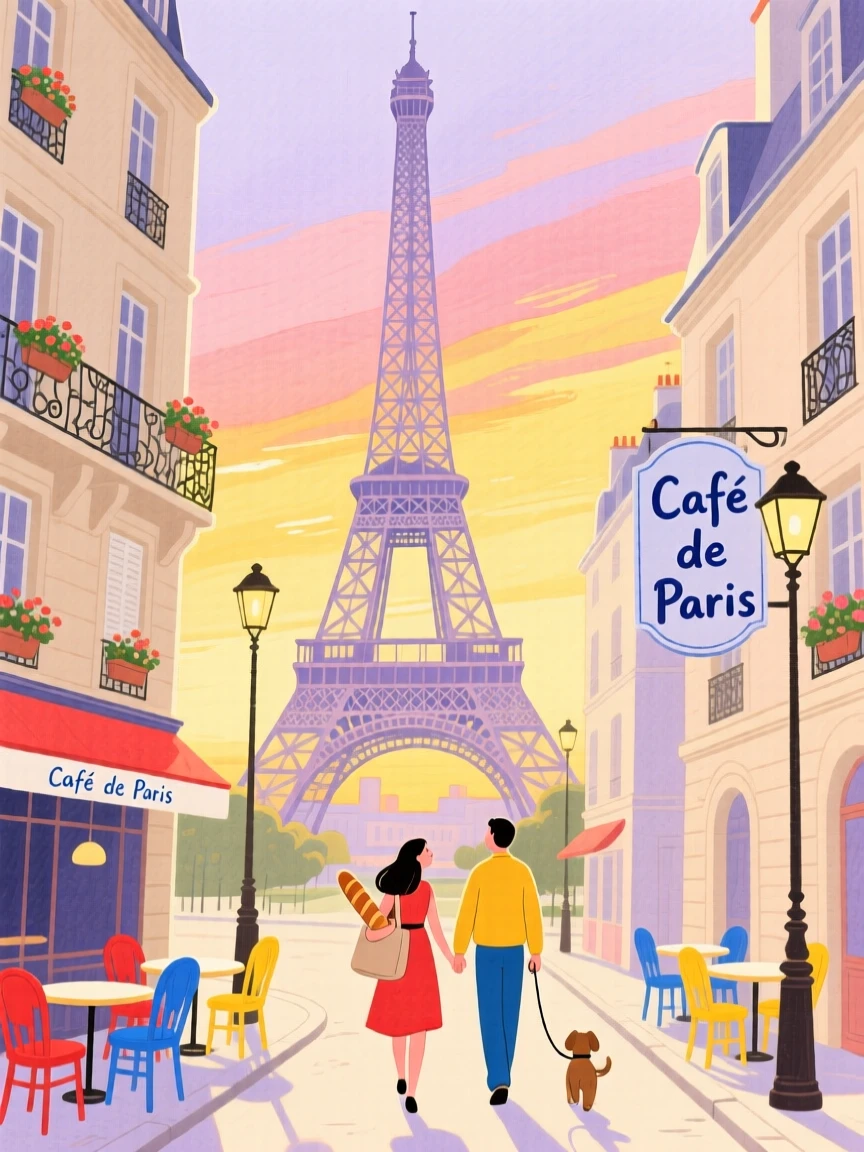 A memorable scene of the Eiffel Tower rising above a Parisian street at sunset.