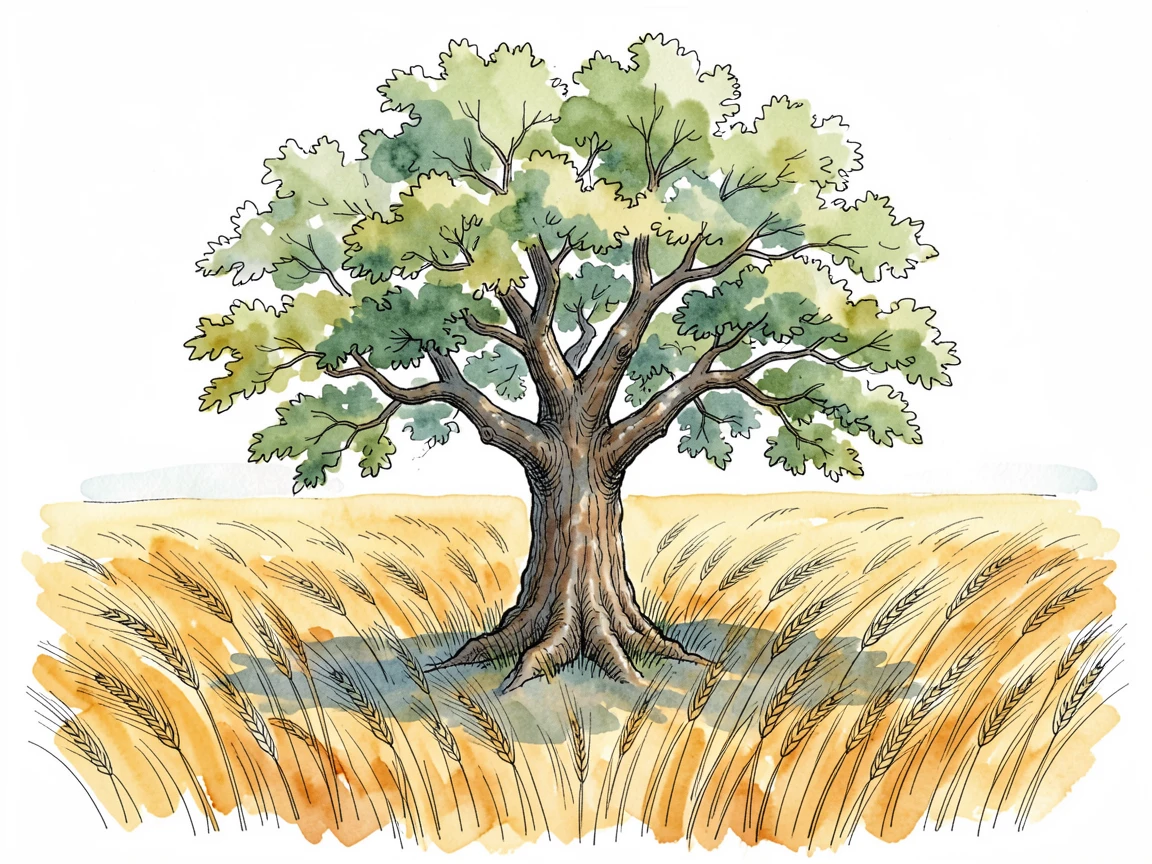 A single ancient oak tree standing alone in a golden wheat field, its wide canopy casting a cool shadow as wind bends the grain in soft waves around its trunk