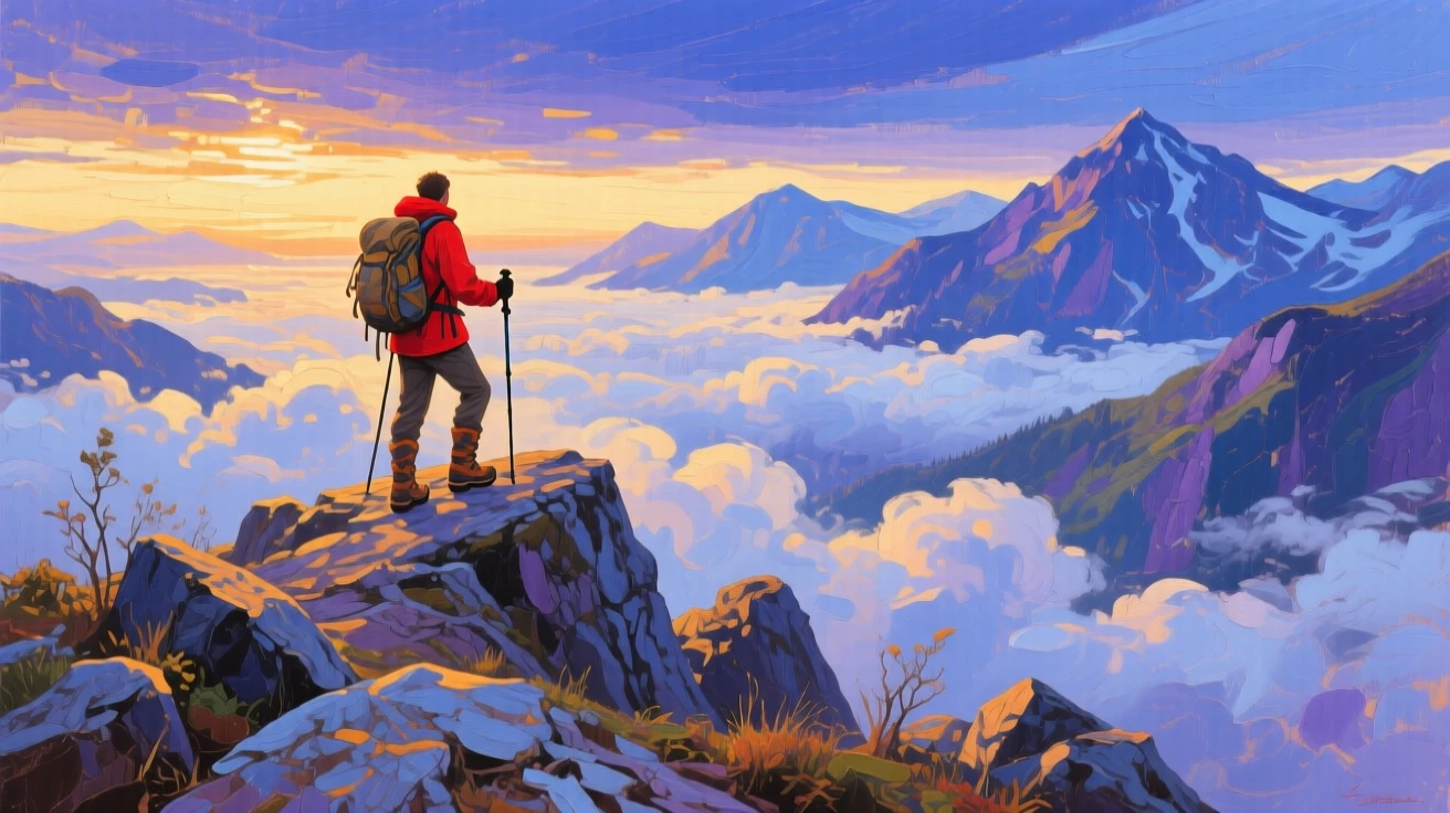 a lone hiker on a narrow ridge above a cloud-filled valley, at first light, with a clear foreground, subject, and distant setting.