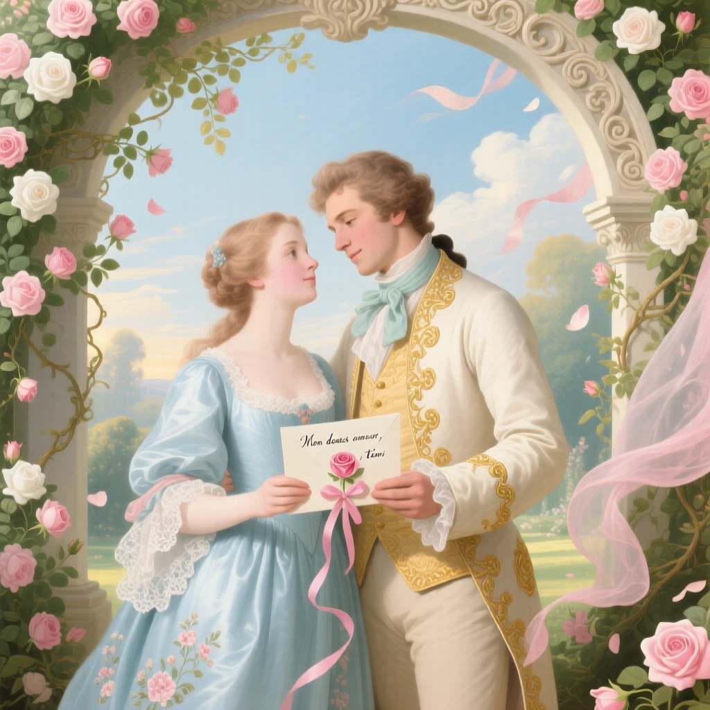 A young couple meeting beneath a rose-covered garden arch, a folded love letter held between them  