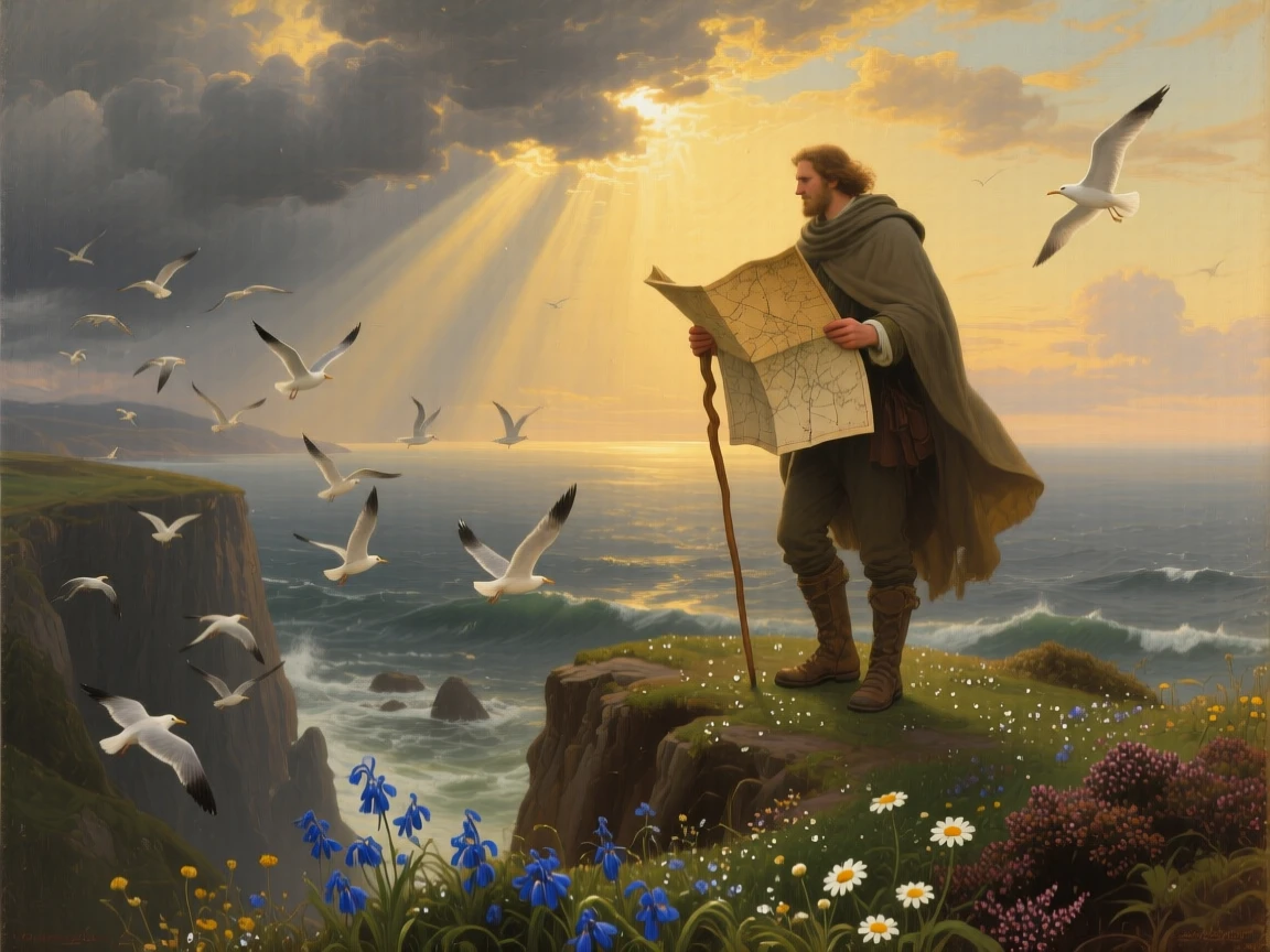 At first light, A solitary traveler on a high coastal cliff, holding a weathered map as seabirds wheel below, surrounded by a vast storm-cleared ocean, sunbeams breaking through distant clouds; the foreground is filled with dew-bright wildflowers, the moment feels like the beginning of a long-awaited journey.