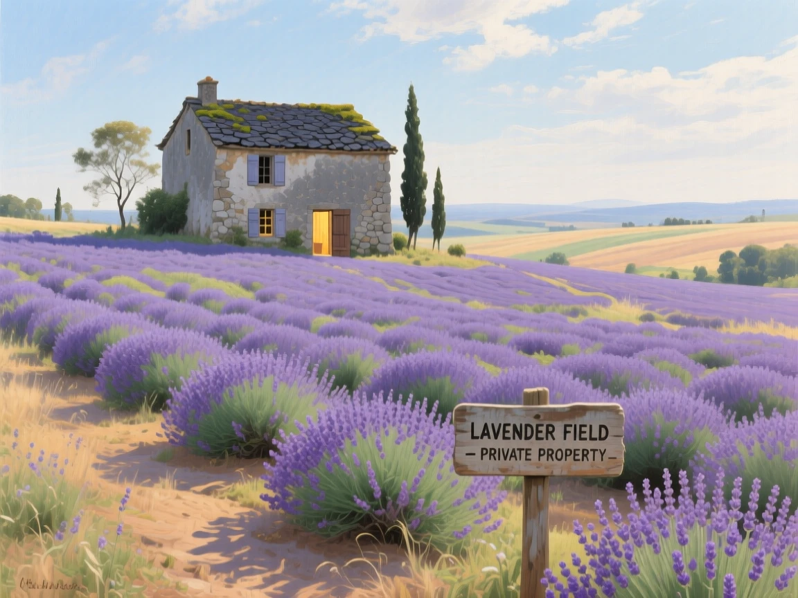A vast field of blooming lavender rolling toward a distant stone farmhouse, as gentle waves of heat shimmer above the ground, framed to highlight the vastness and grandeur of the setting