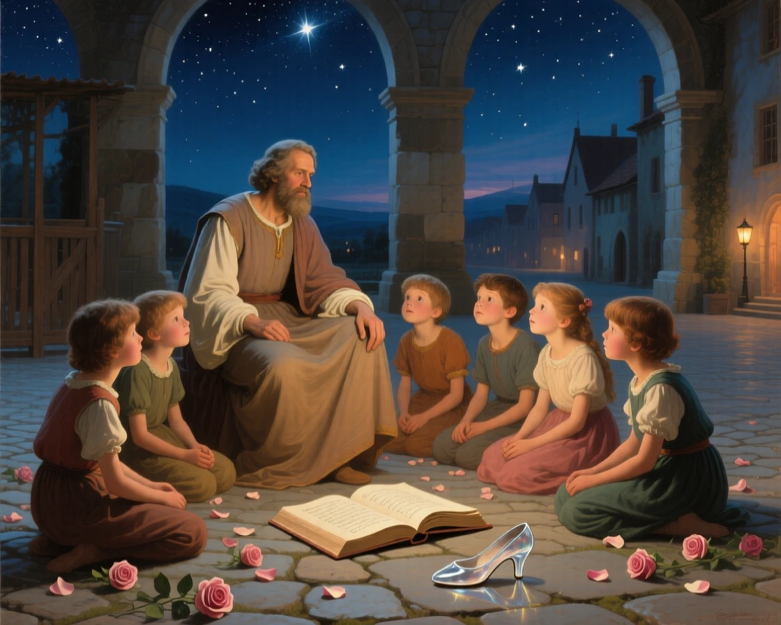 A storyteller enchanting a circle of children beneath a starry sky at the exact moment magic and reality intertwine, set beneath a canopy of stars over a sleepy village square, with scattered rose petals, an open storybook, and a forgotten glass slipper; receding archways create a sense of stepping into another world, filled with romance, imagination, and quiet drama.