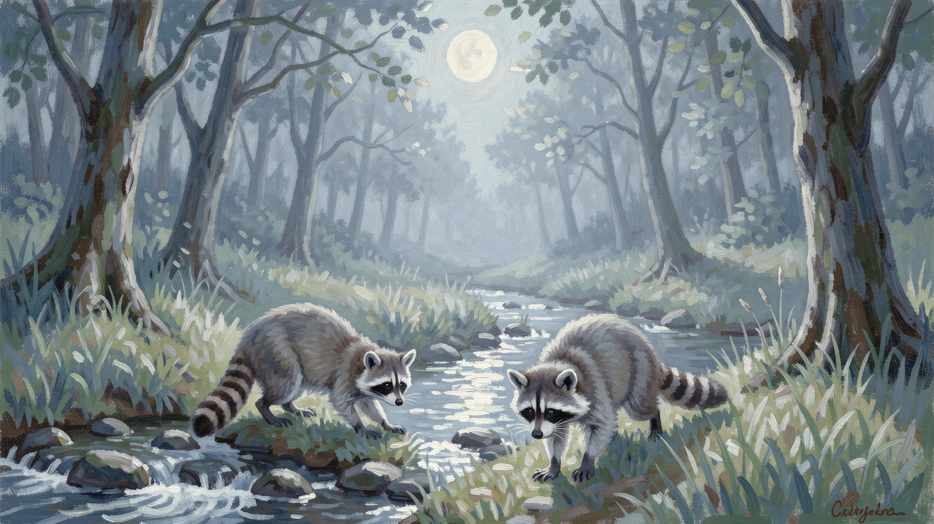 A raccoon family exploring a moonlit forest clearing beside a babbling brook.