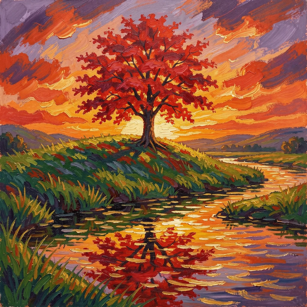A lone red maple tree on a grassy hill overlooking a winding river at sunset, its reflection shimmering in the golden water.