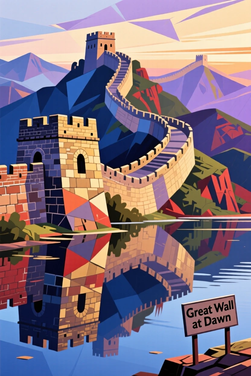 A breathtaking view of the Great Wall of China, reflected perfectly in still water at dawn.
