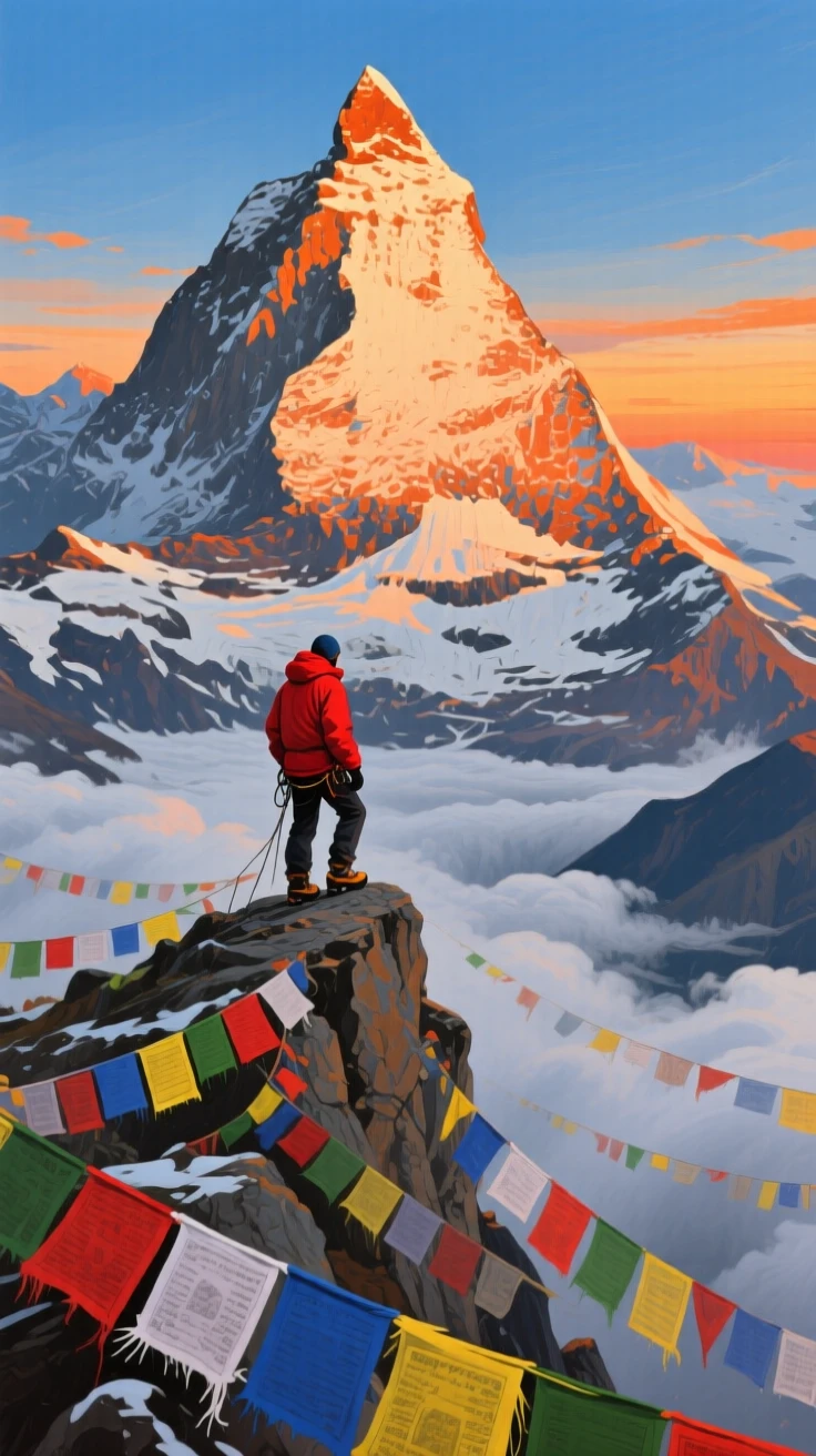 A jagged Himalayan peak catches the first orange light of dawn while a lone climber in a red jacket pauses on a narrow ridge, prayer flags snapping in the wind below, clouds pooling in the valley like a soft white sea.
