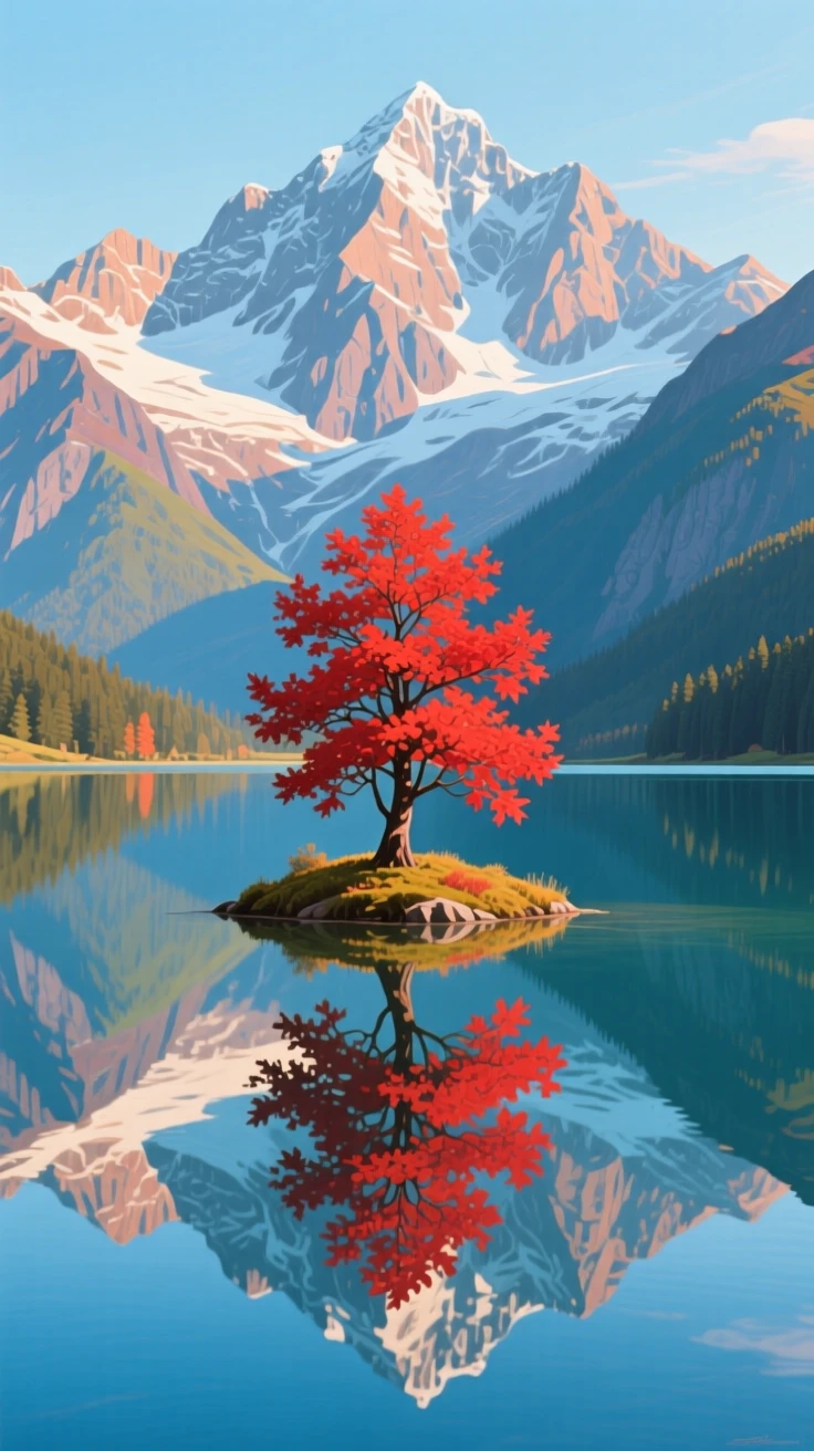 A lone red maple tree standing on a small island in the middle of a perfectly still alpine lake, mirrored reflection doubling the mountain peaks behind it