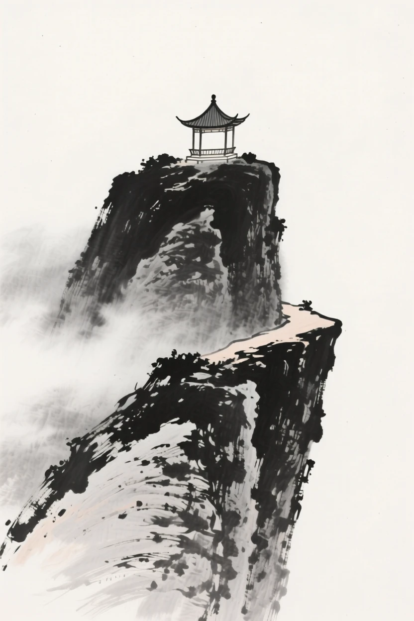 a solitary granite summit, half-hidden behind drifting fog, with a small pavilion perched on a ledge.