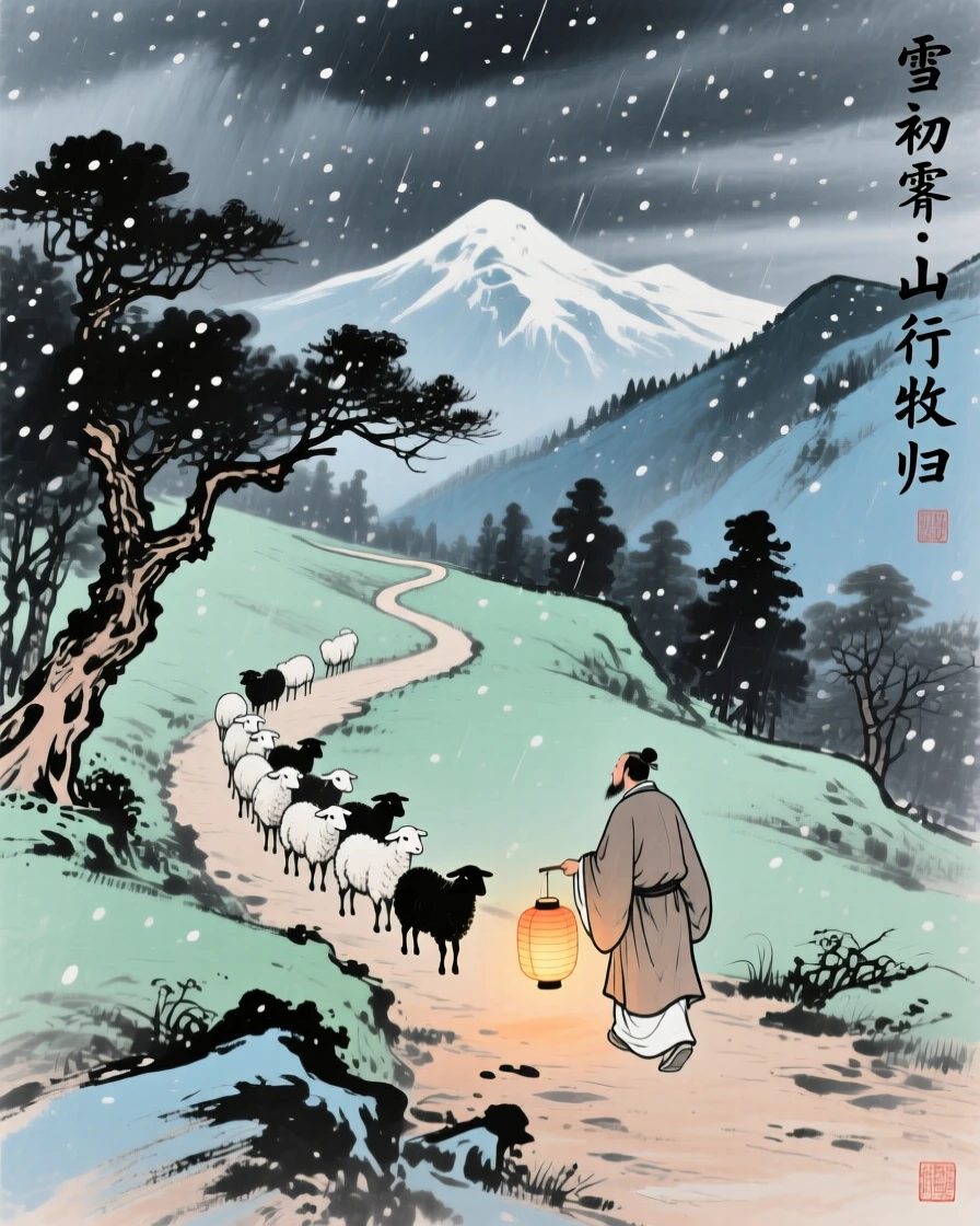 A shepherd guiding a small flock along a winding mountain road, as lanterns are lit for the evening, under clearing skies after a storm, under the first snow of winter.