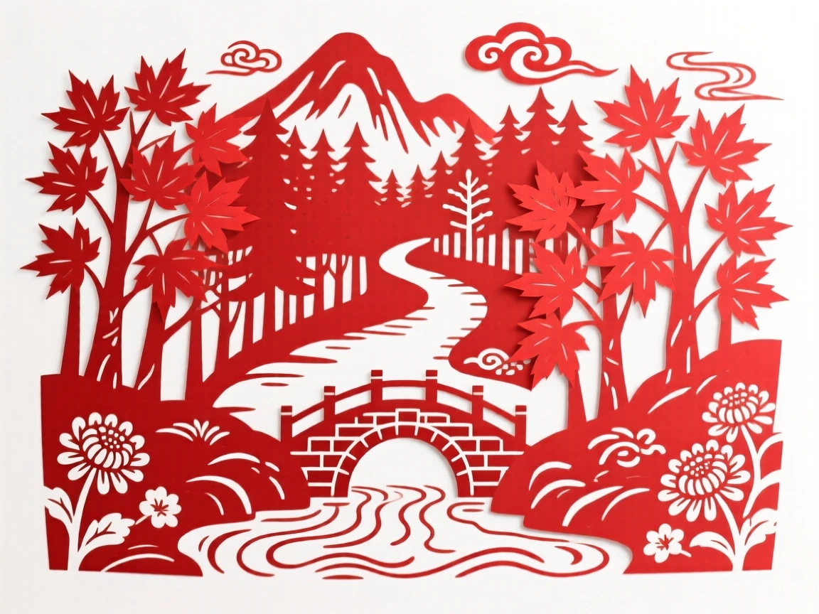 An autumn forest ablaze with red maple leaves along a winding mountain trail, a small stone bridge crossing a clear stream