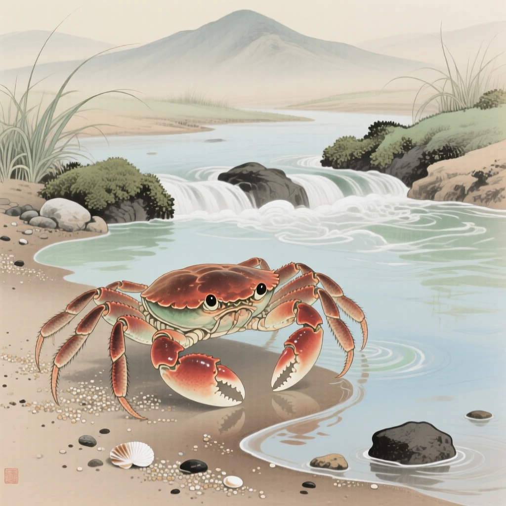 A crab scuttling across wet sand near the mouth of a quiet mountain stream