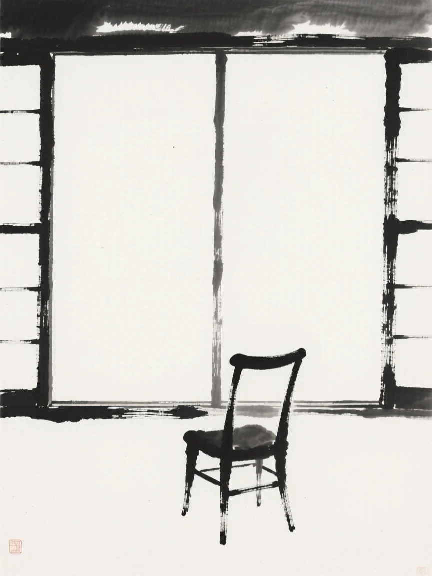 A lone chair facing a wide, empty window view, framed minimally, letting emptiness carry the mood, evoking deep introspection and quiet solitude.