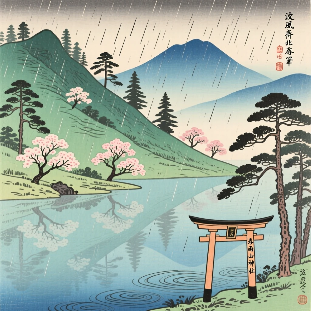 A forested mountain slope, overlooking a still alpine lake, during a gentle spring rain.