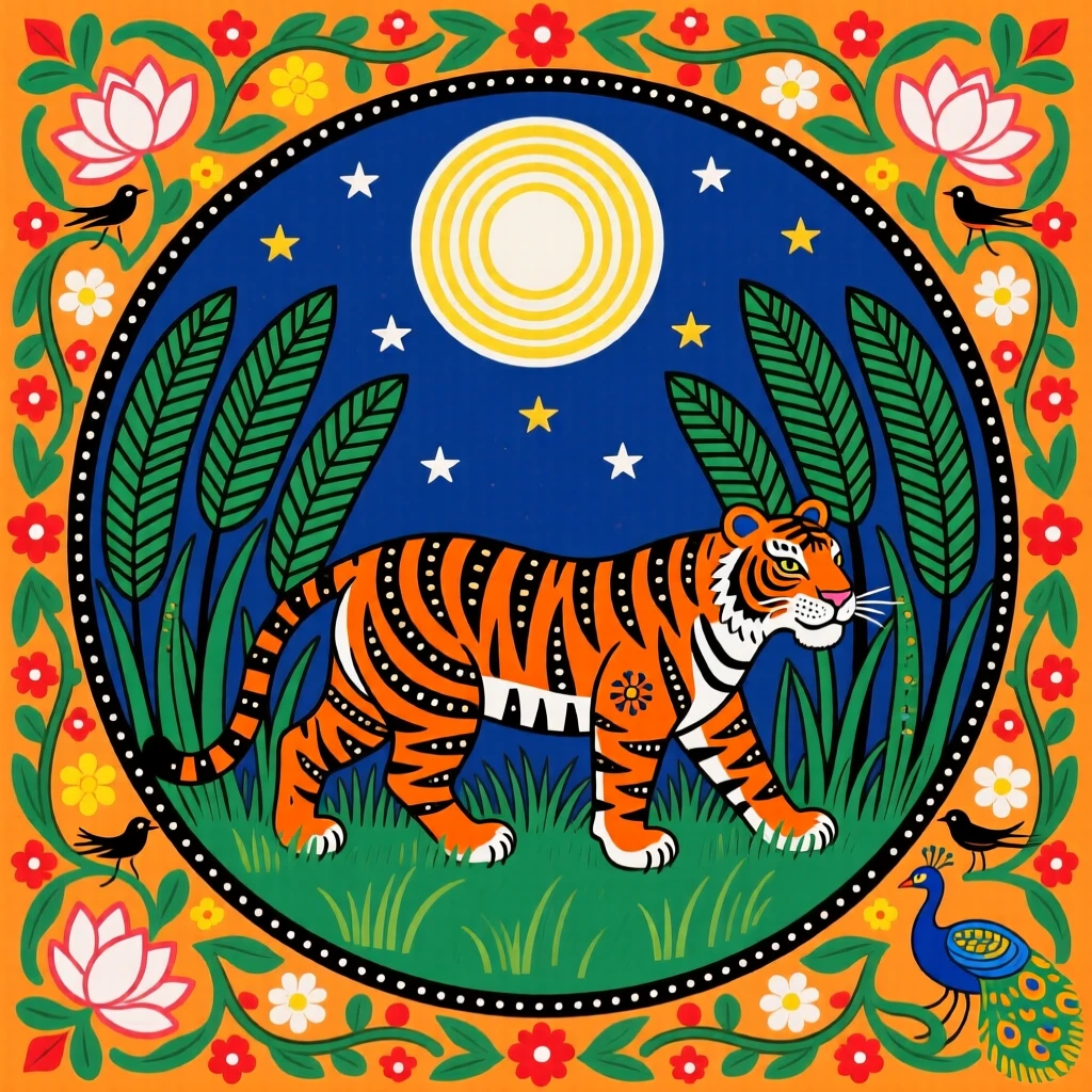 A tiger stalking silently through tall grass at the edge of a moonlit clearing.