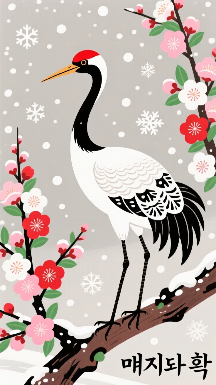 A red-crowned crane perched on a blossoming plum branch, as snow begins to fall.