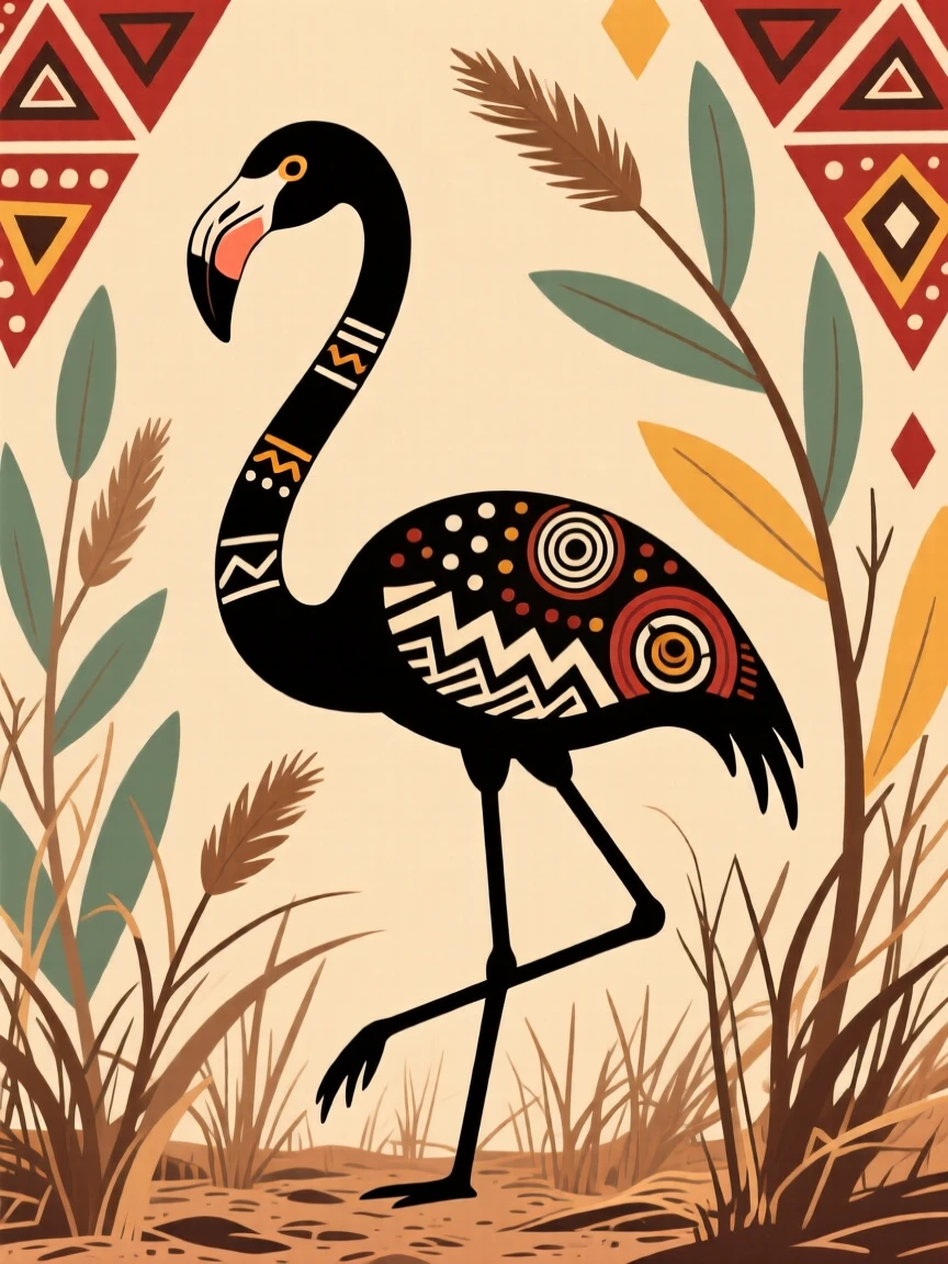 A flamingo padding silently through dry brush.