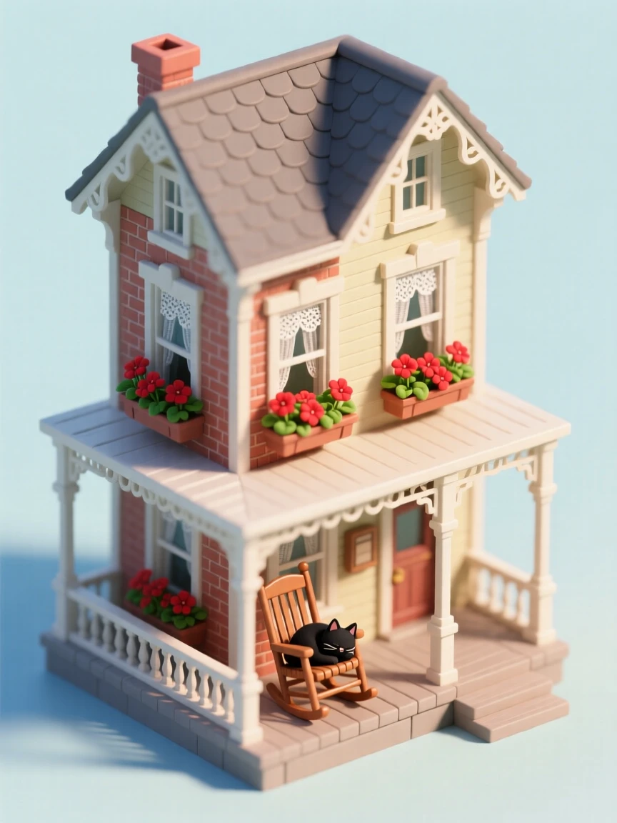 A three-story Victorian townhouse with a wraparound porch, lace curtains in every window, a black cat sleeping on a rocking chair, and window boxes overflowing with red geraniums.