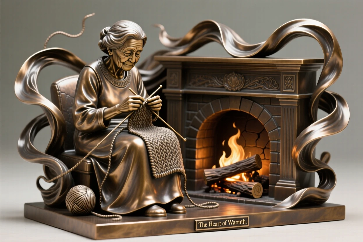 A grandmother knitting beside a crackling fireplace, surrounded by swirling fabric and motion, forming a strong central focal point