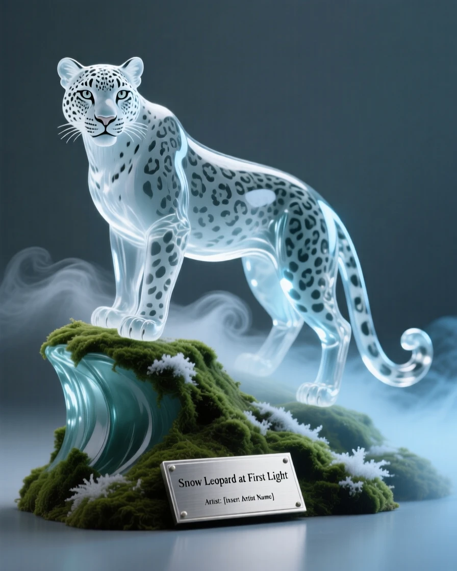 A snow leopard standing alert on a moss-covered ridge at first light, mist curling around its paws, the scene calm and quietly majestic.