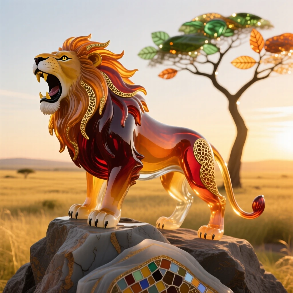 A majestic lion mid-roar atop a sunlit rocky outcrop overlooking golden savanna grasslands, mane flowing in the wind, radiating raw power, a lone acacia tree silhouetted behind it.