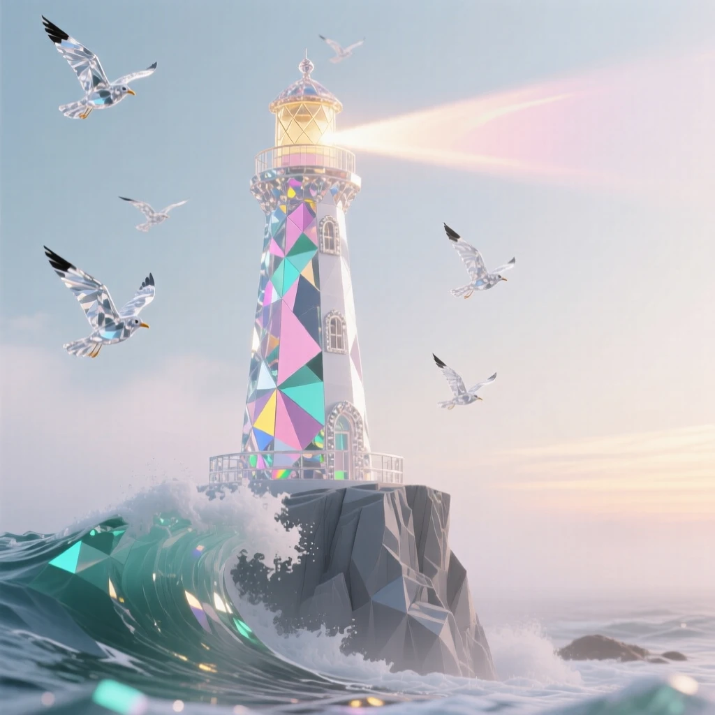 A solitary lighthouse on a wave-battered cliff at dawn, beam of light cutting through low fog, seabirds wheeling overhead, composed low-angle looking up at the tower.