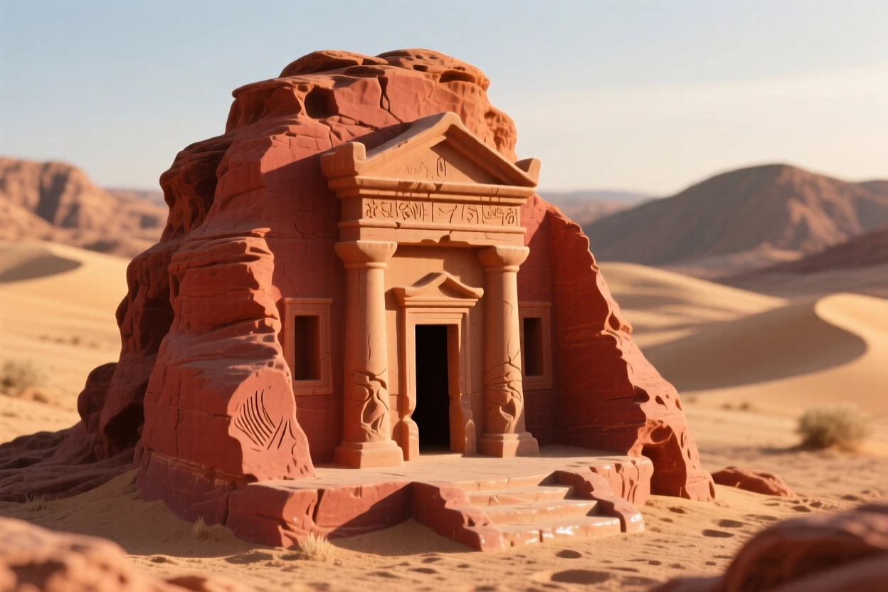 A desert temple carved into red rock framed by rolling hills in the distance, bathed in the golden light of late afternoon, capturing the romance of a bygone era.