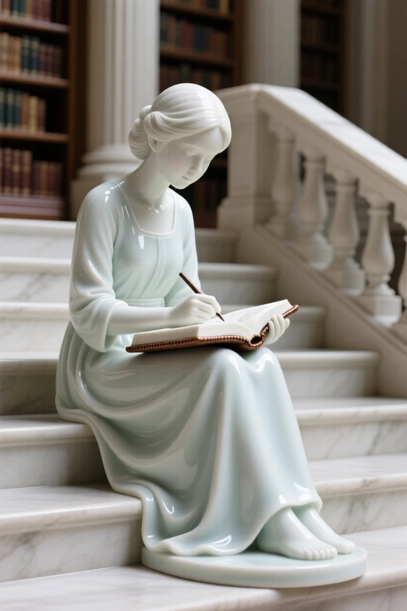 A youthful young woman sketching in a leather-bound journal, her posture calm and dignified, in the steps of a grand library.