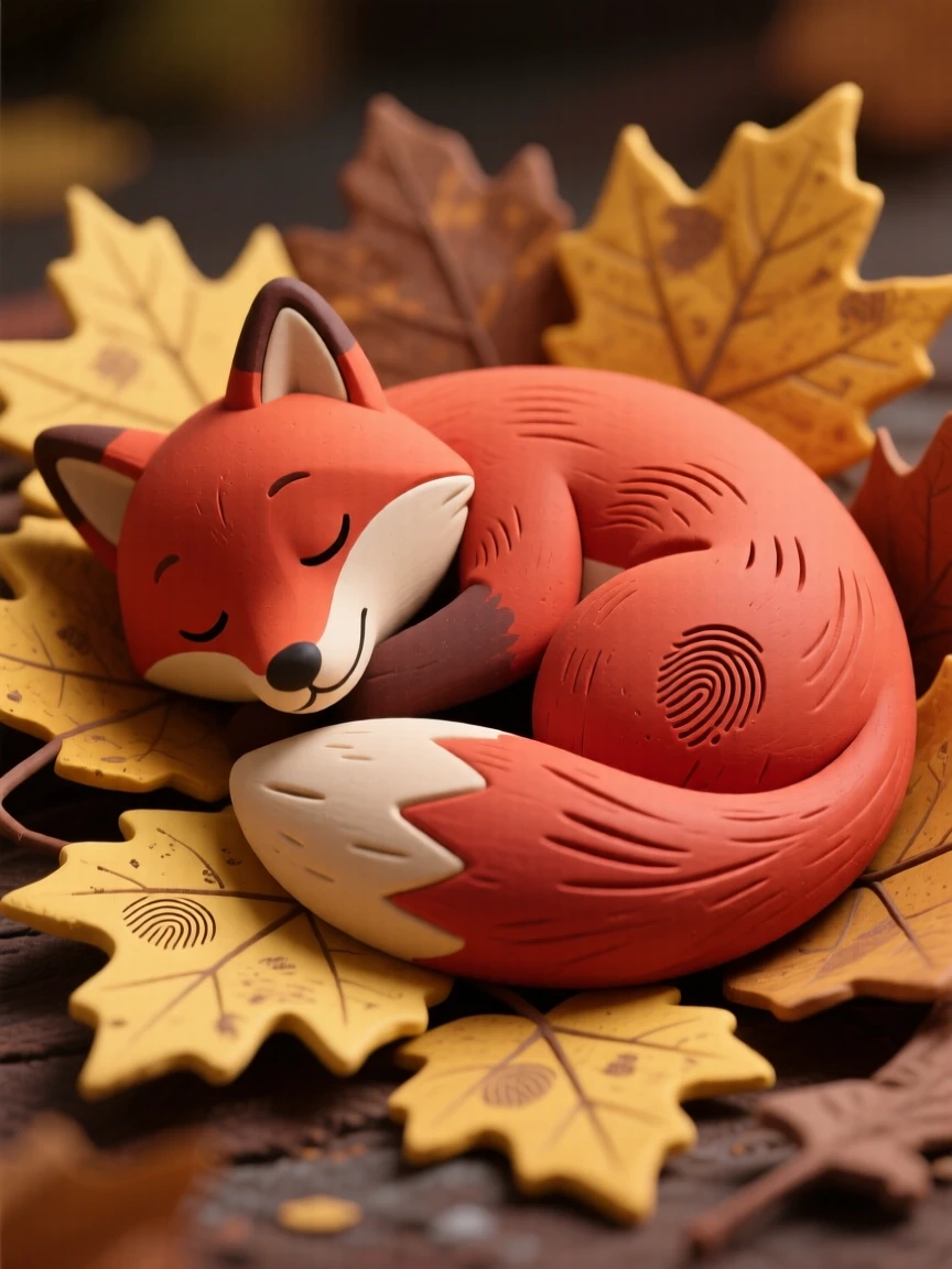A red fox curled asleep in a bed of golden autumn leaves, tail wrapped over its nose