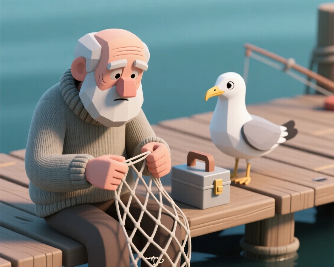 A elderly fisherman with a weathered face and thick wool sweater mends a torn net on a wooden dock, a curious seagull perched beside his tackle box.