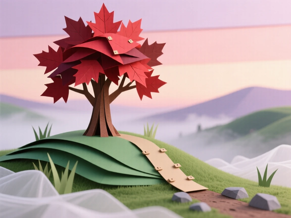 A lone red maple tree standing on a grassy hill, its branches spread wide against a pastel dawn sky, with mist pooling in the valley below and a narrow dirt path winding toward it, evoking quiet solitude and the changing of seasons.