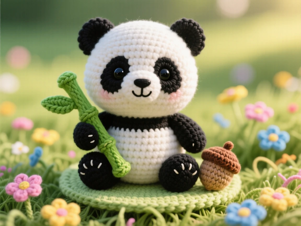 a round baby panda, with a chubby belly and stubby paws, sitting upright and munching on a bamboo stalk, set in a sunlit meadow scattered with wildflowers, with a fallen acorn resting beside its paw, evoking playful mischief bubbling just beneath the surface.